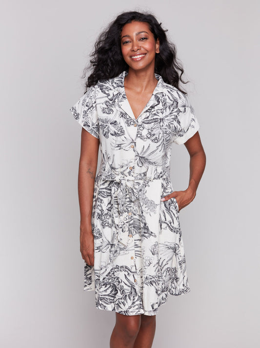 Printed Short Sleeve Button Front Dress With Sash C3163R