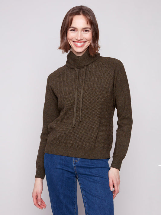 Textured Raglan Small Cowl Neck Knit Sweater C2939