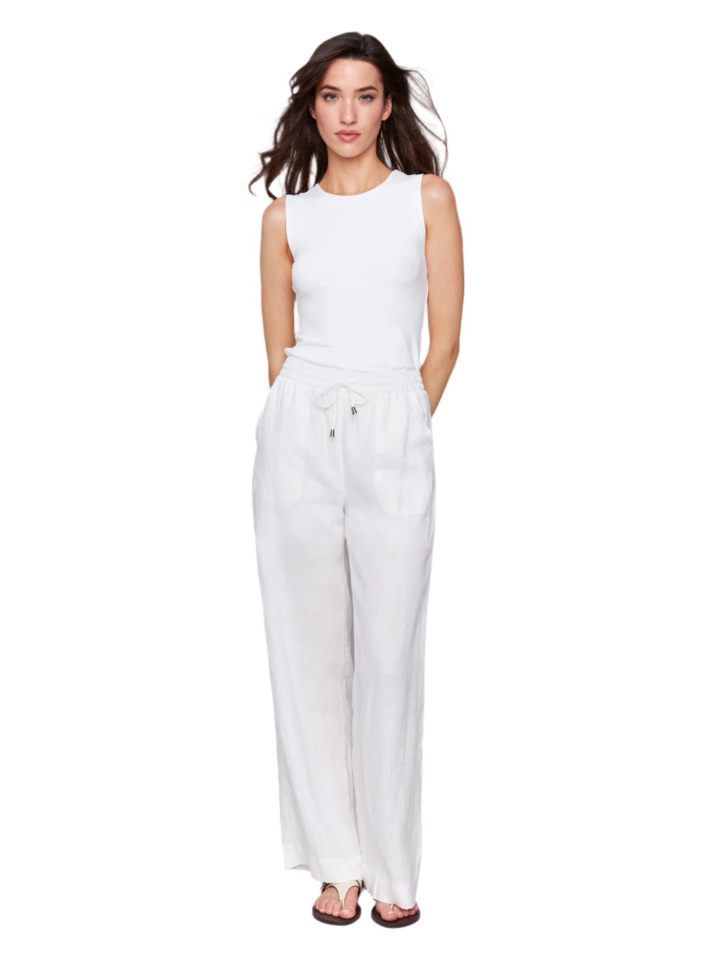 Tie Waist Pull On Linen Wide Leg Pant With Pockets C5655