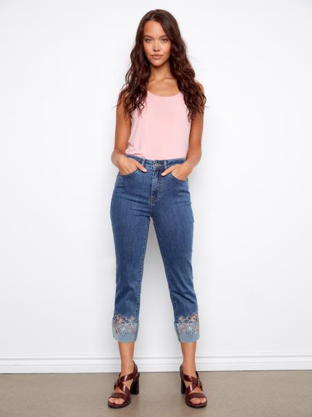Cropped Stretch Denim Pants With Embroidered Cuff - C5334RR/431A - Style CoastCharlie B690178716720