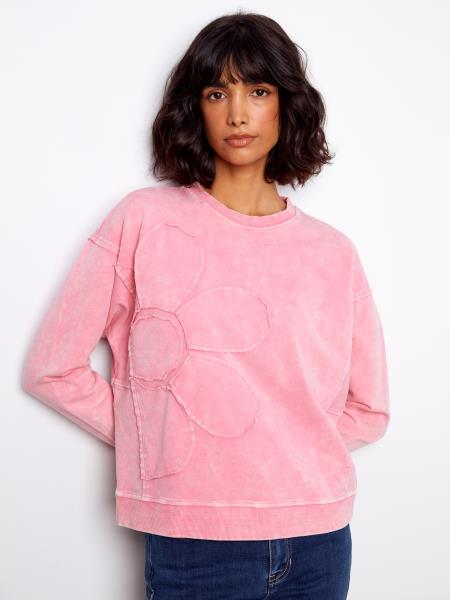Long Sleeve Top With Flower Applique - C1417/377C - Style CoastCharlie B690178719240