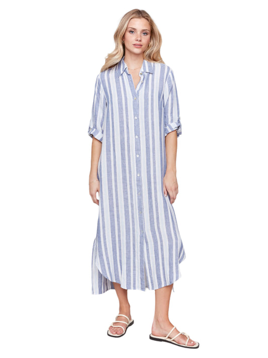 Striped 3/4 Roll Up Sleeves Button Front Dress C3106RY