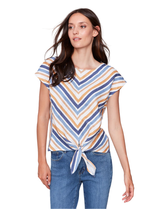 Striped Cap Sleeve Round Neck Front Tie Top C4271