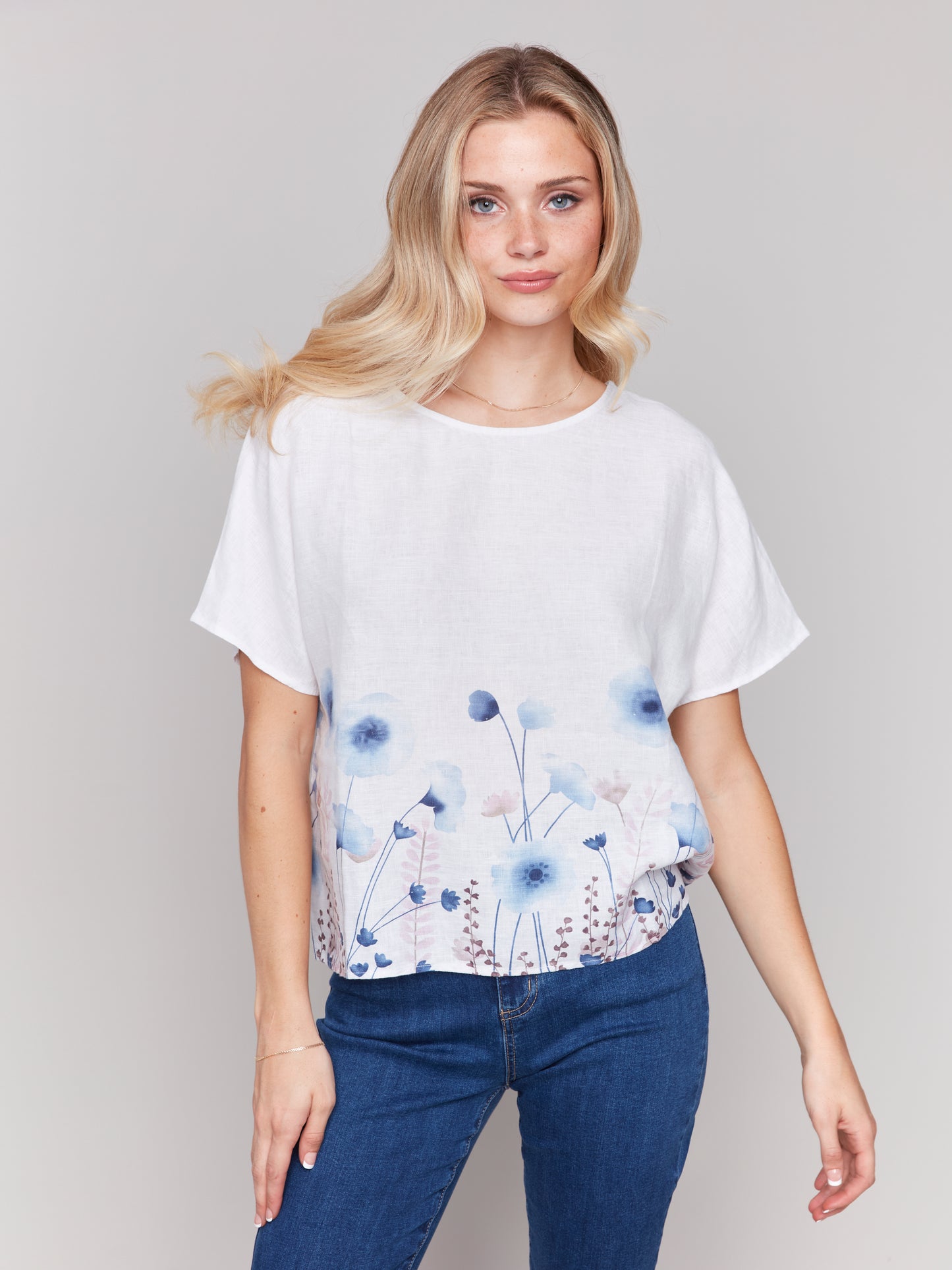 Short Sleeves Dolman Woven Printed Top c4487P