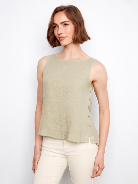 Crisp Linen Sleeveless Blouse With Side Buttons - C4425TR/035B - Style CoastCharlie B690178763403
